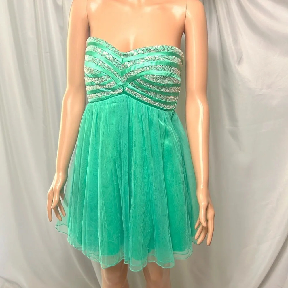 Sequin Hearts Green Strapless Sequin Tulle Fit Flare Dress Lace Up Back Size 5